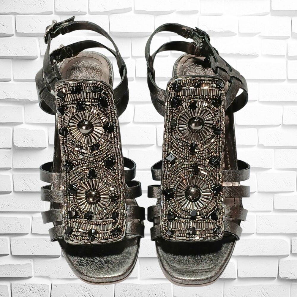 Vince Camuto Strappy 3" Platform Wedge Black Beaded Peep Toe Sandals Size 5 (35)
